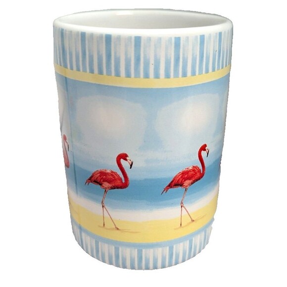Flamingos On Beach Ceramic Bath Set Dispenser Toothbrush Holder Tumbler Gift NEW - Picture 5 of 7